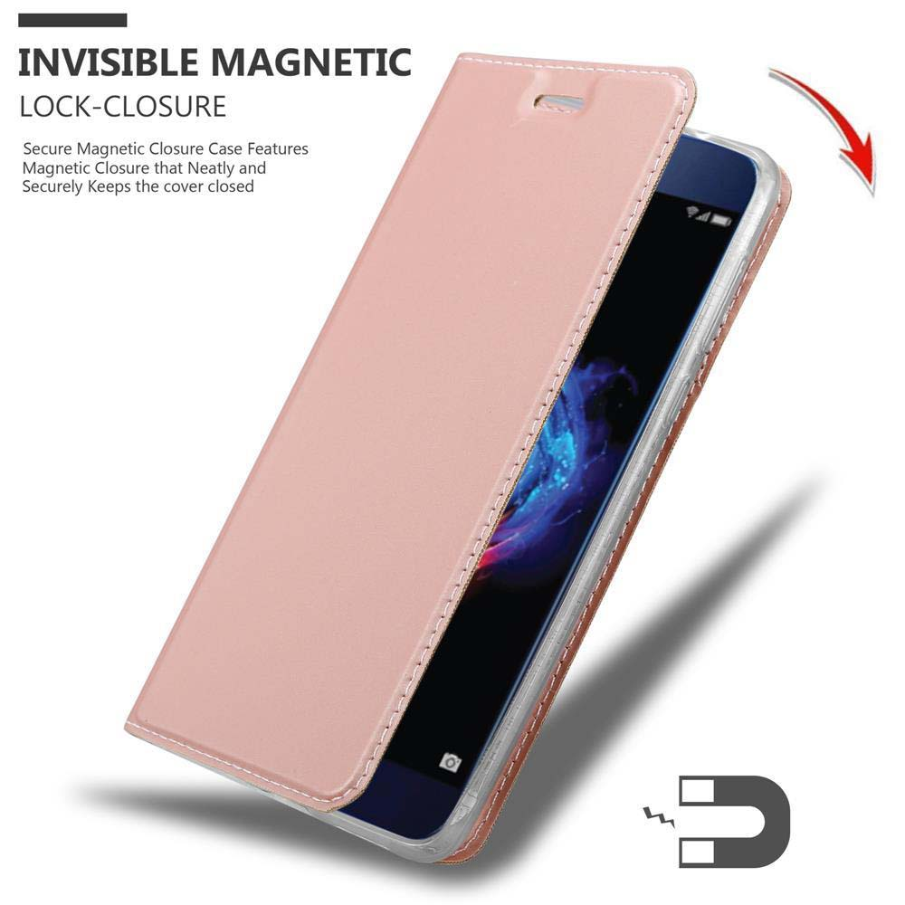Custodia per telefono rosa aperta, che rivela il telefono. Chiusura magnetica.