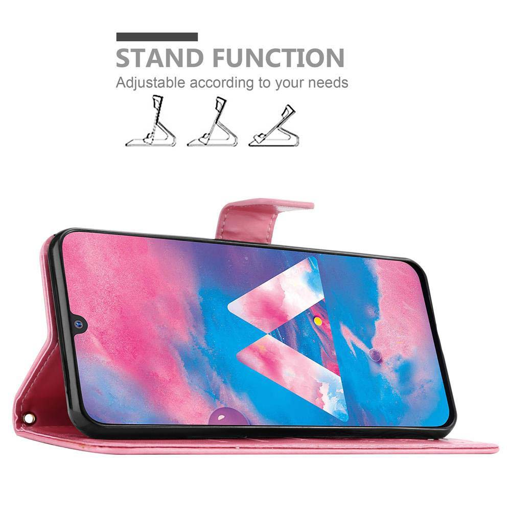 Il telefono è in una custodia rosa. Testo: Funzione supporto. Il telefono è rosa e mostra uno sfondo colorato. La custodia è aperta.