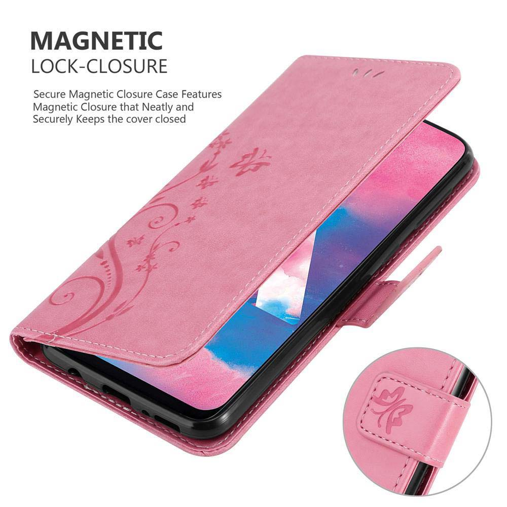 Custodia rosa per telefono con un design floreale. La custodia è dotata di chiusura magnetica e di una copertura sicura.