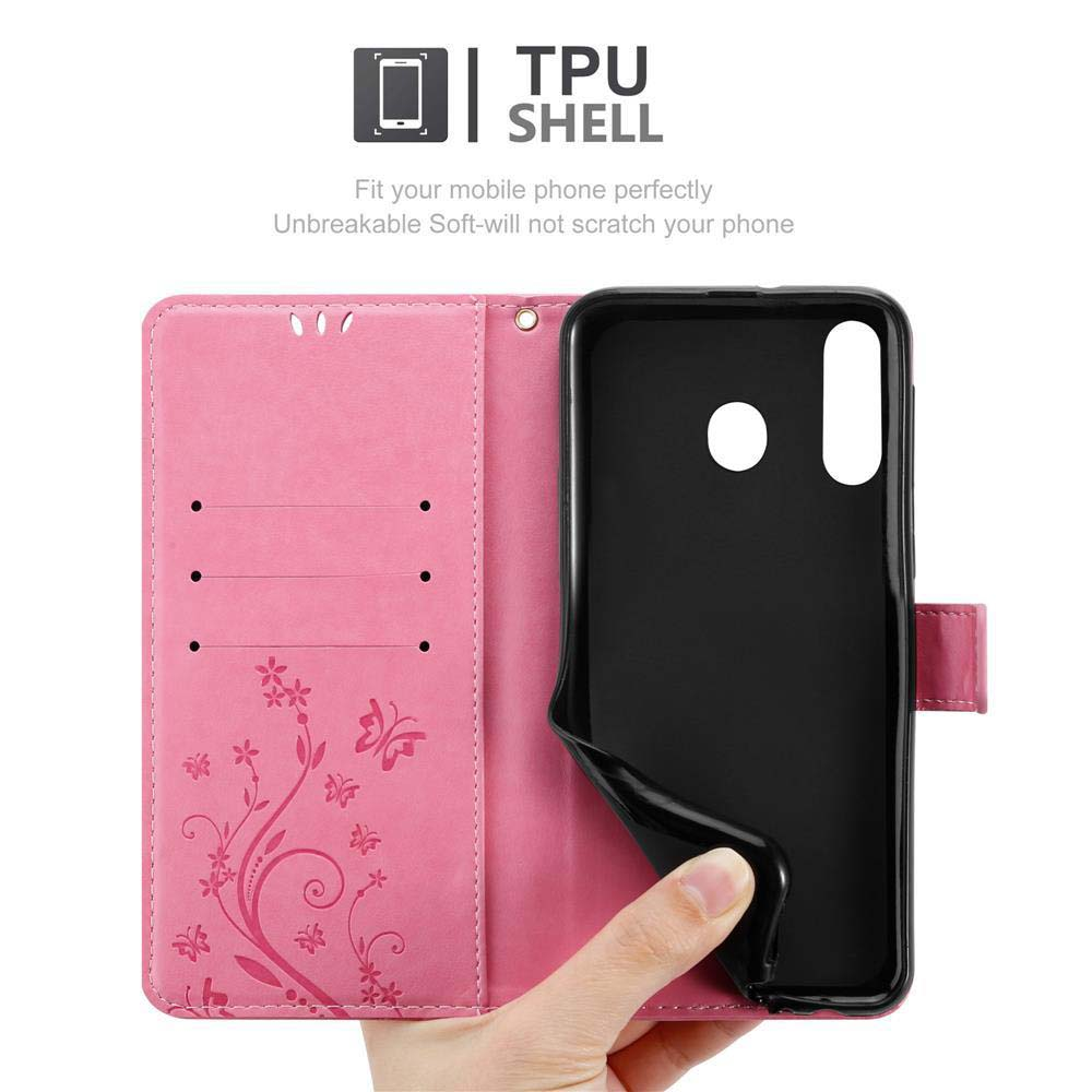 Custodia rosa per telefono aperta, telefono nero all'interno. La custodia ha un design floreale.