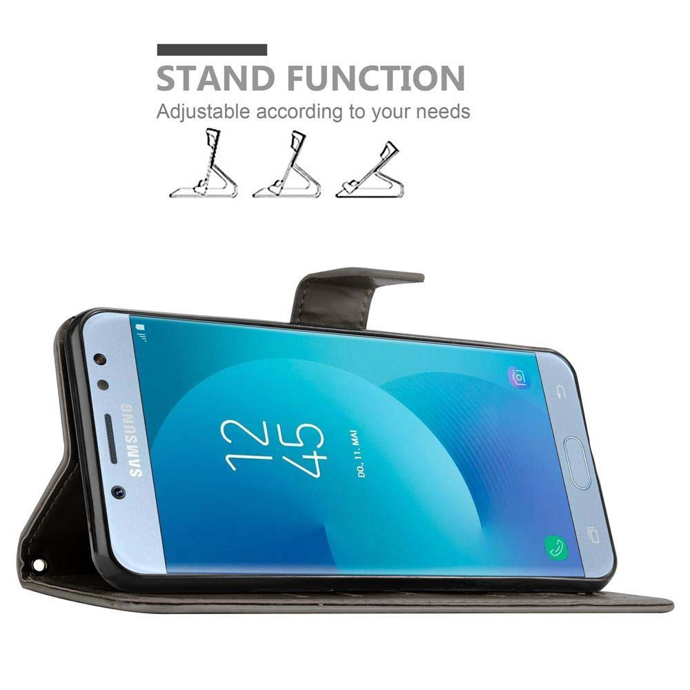 Custodia per telefono nera con funzione stand. Il telefono è dentro, mostrando l'ora. La custodia è aperta.