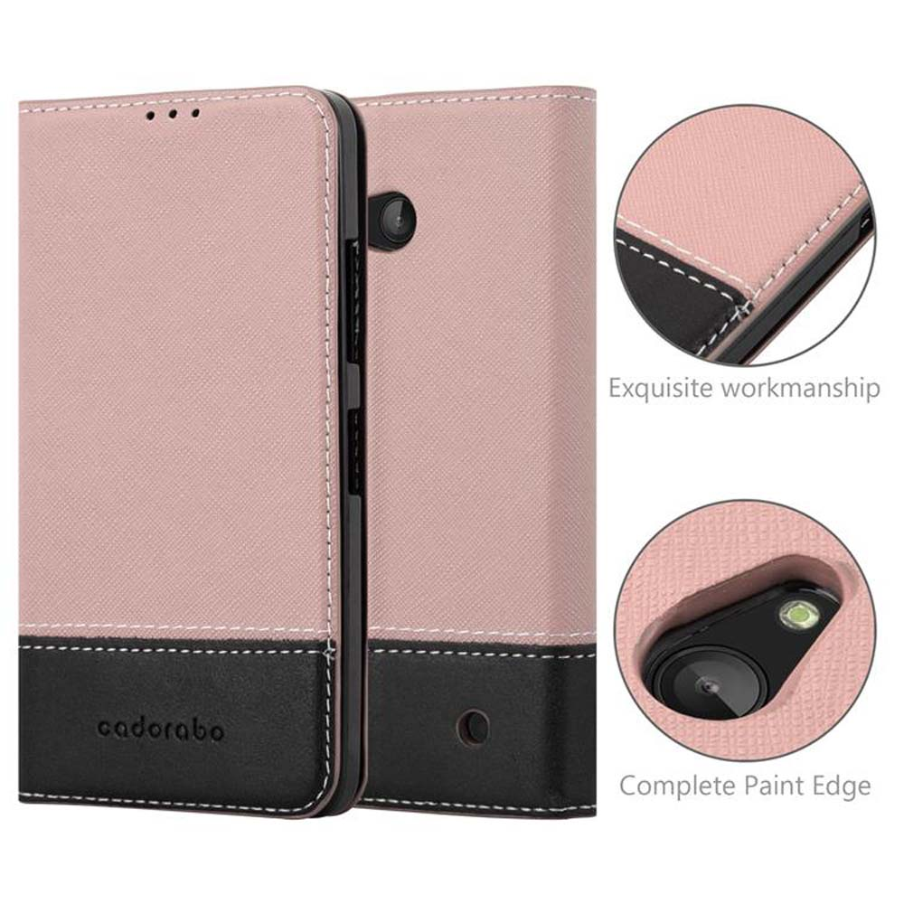 Custodia per telefono rosa e nera con cuciture bianche. Primi piani mostrano dettagli.