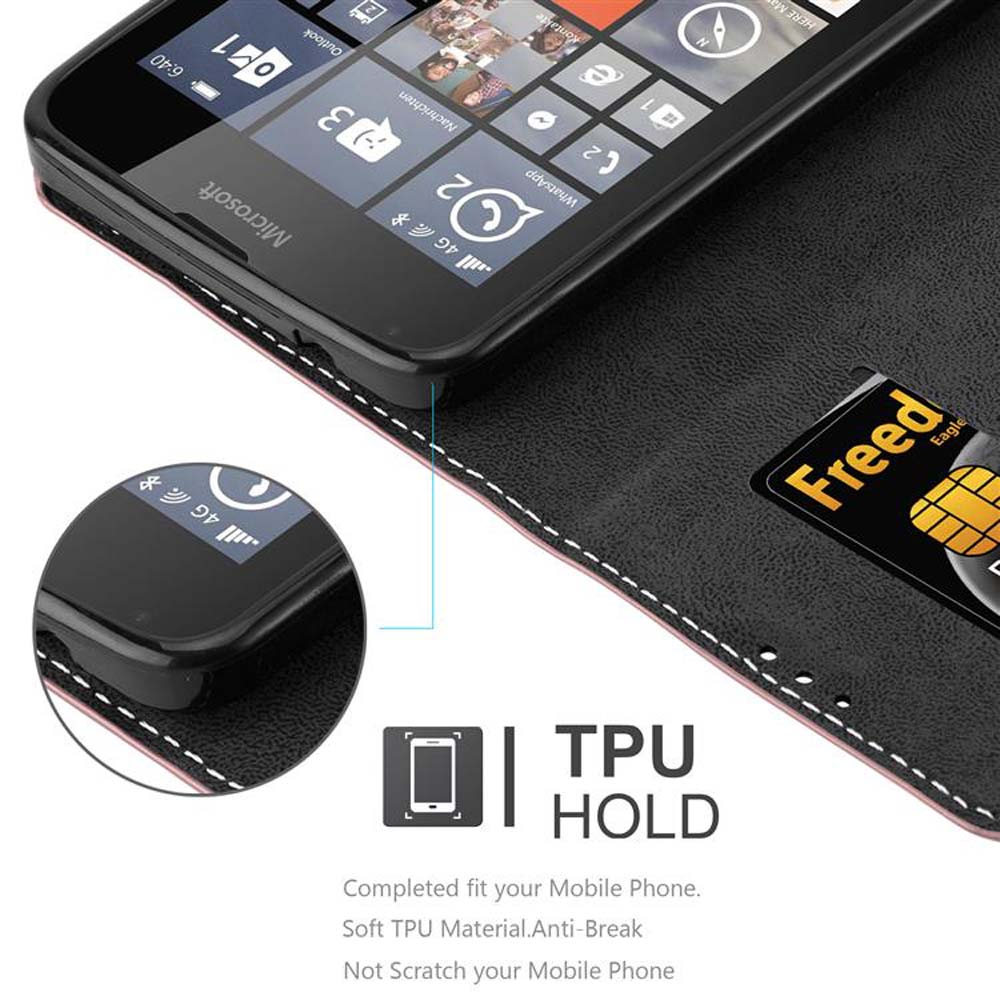 Telefono nero in custodia con carta di credito. Il testo etichetta TPU HOLD e dettagli di adattamento.