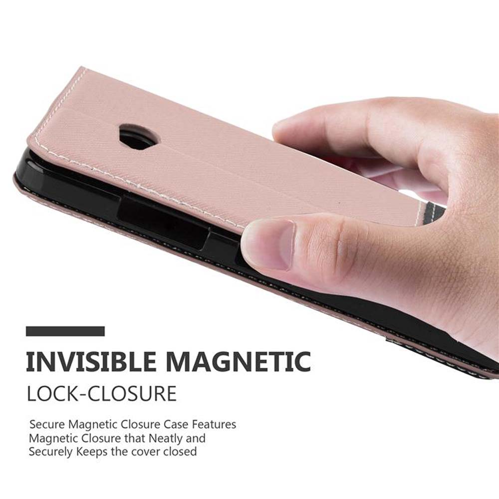 Mano che tiene una custodia rosa con la scritta 'INVISIBLE MAGNETIC LOCK-CLOSURE'.