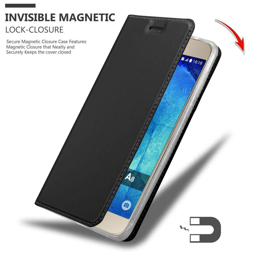 Schwarze Handyhülle geöffnet, Magnetverschluss, Telefon innen sichtbar.