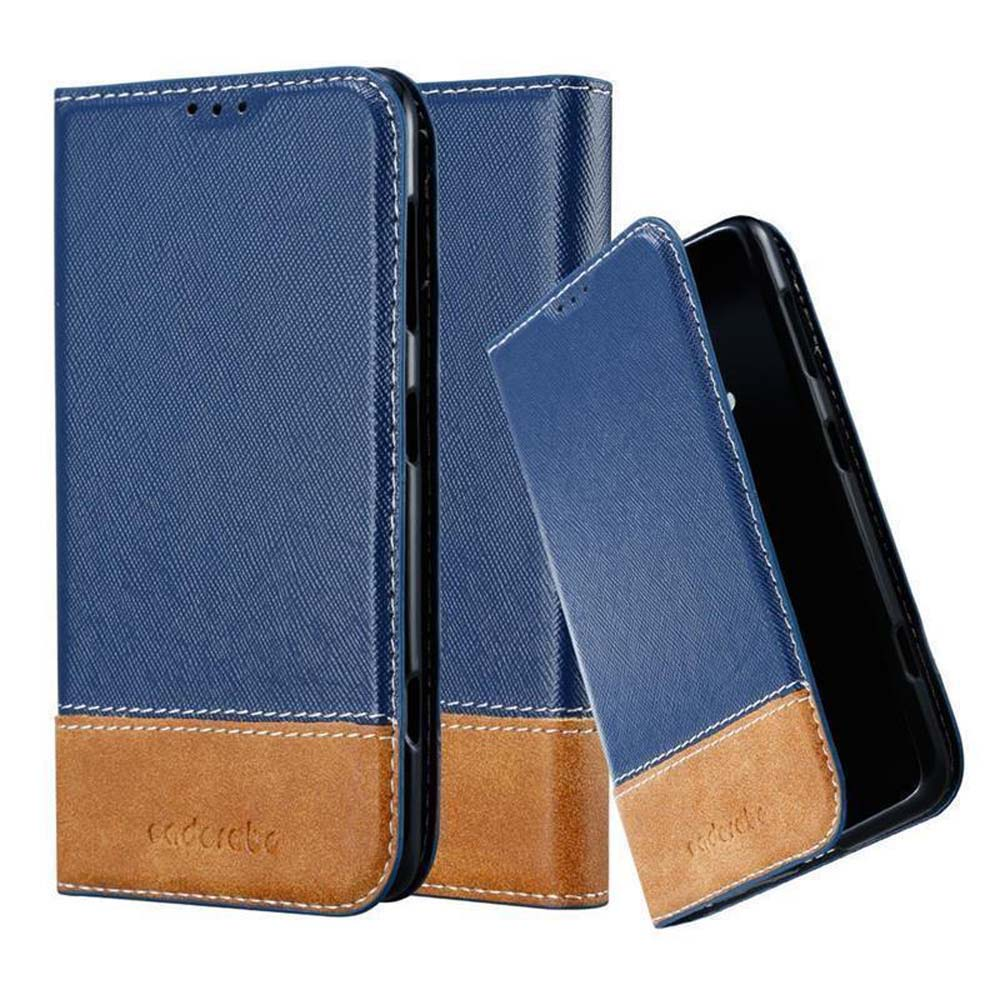 Tres fundas para teléfonos azules y marrones, cerradas y abiertas. Diseño cosido.
