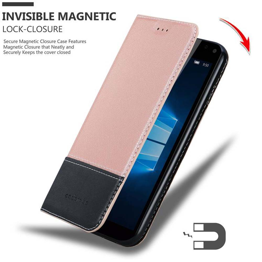 Funda de teléfono abierta. Tiene una parte delantera rosa y un acento negro, y un cierre magnético. La pantalla es visible.