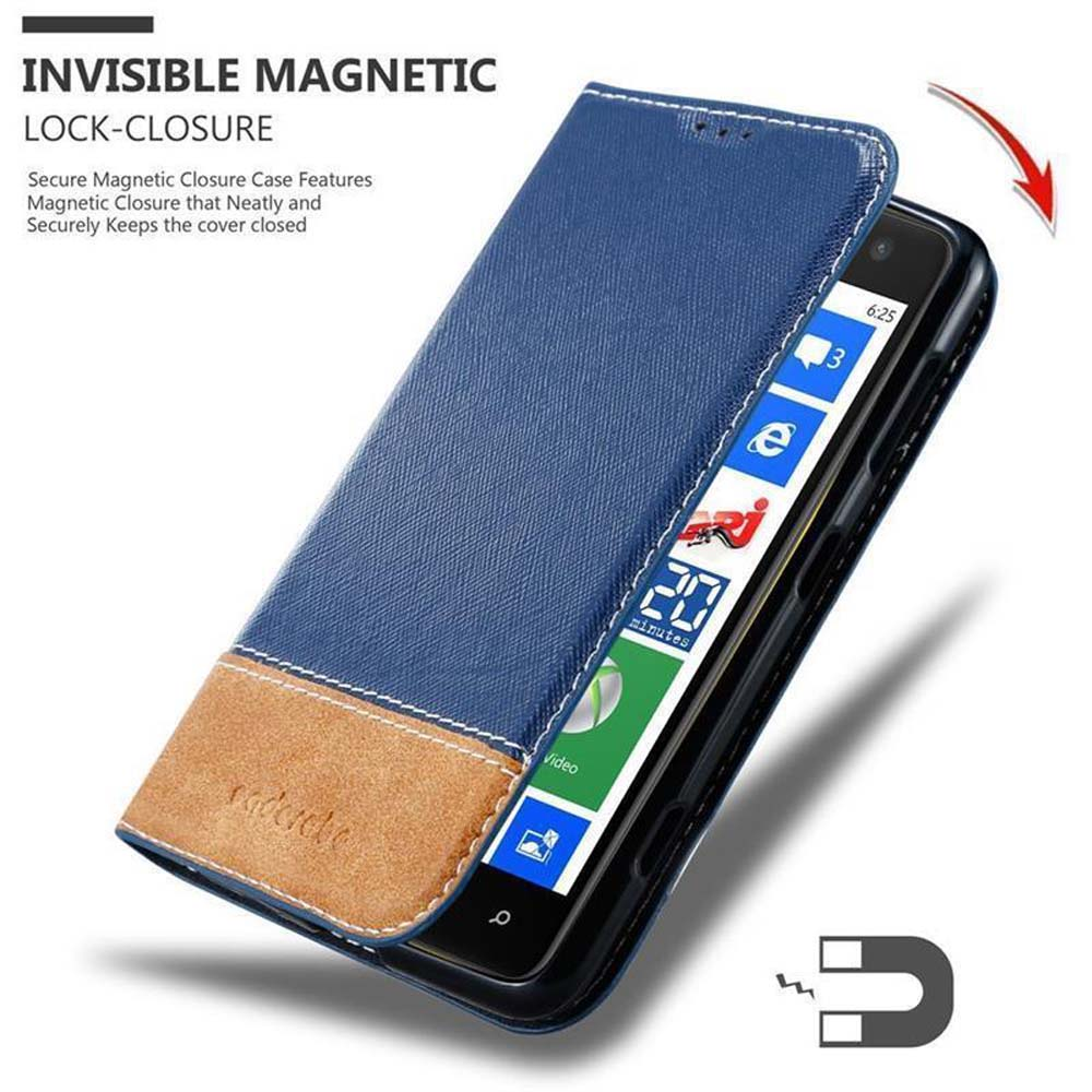 Funda azul para teléfono, abierta, mostrando la pantalla. Cierre magnético descrito.