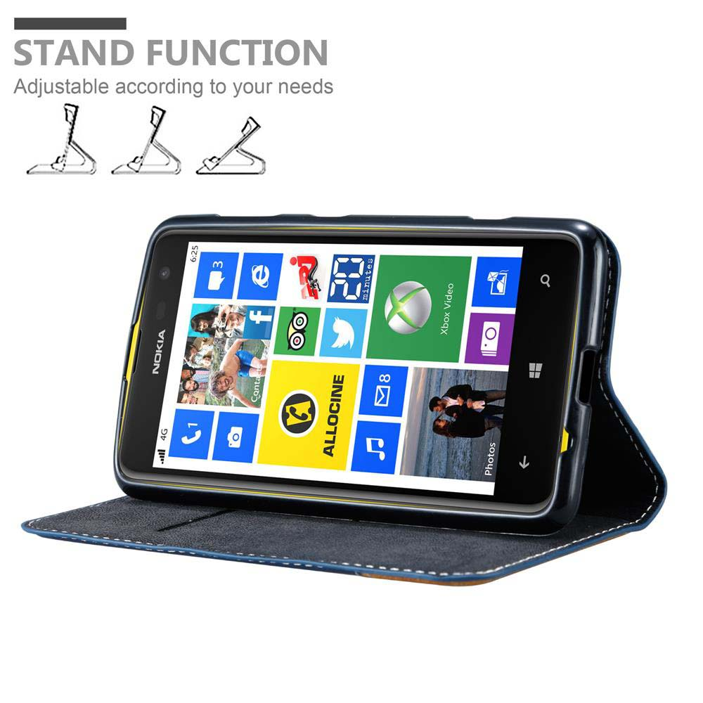 Teléfono en una funda con función de soporte. Se muestra un teléfono azul y negro. El soporte está en uso.