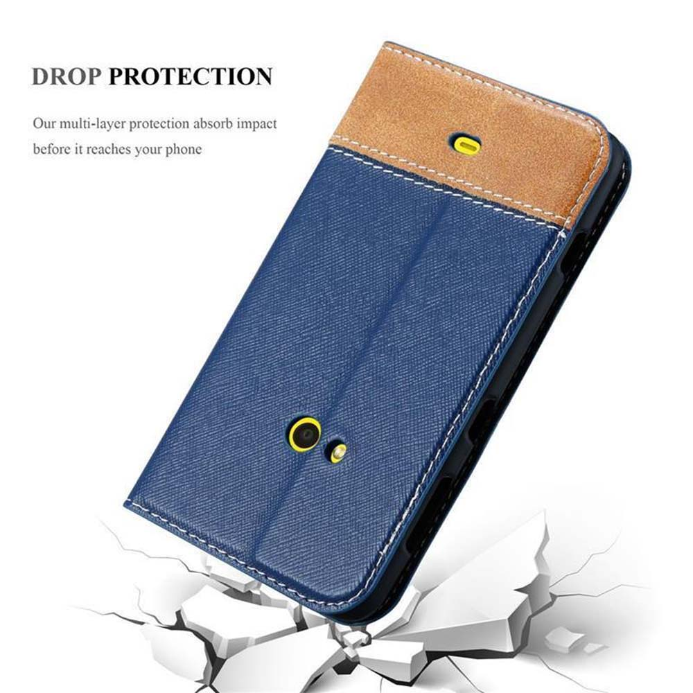 Funda azul y beige, abierta, mostrando el interior. Texto: 'DROP PROTECTION'.