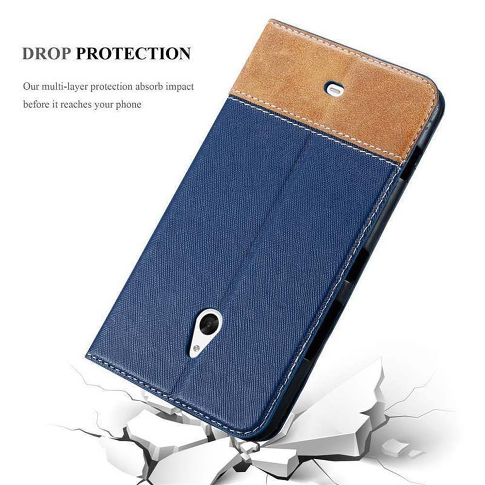 Una custodia per telefono di colore blu con la parte superiore marrone. La custodia è aperta, mostrando il telefono all'interno.
