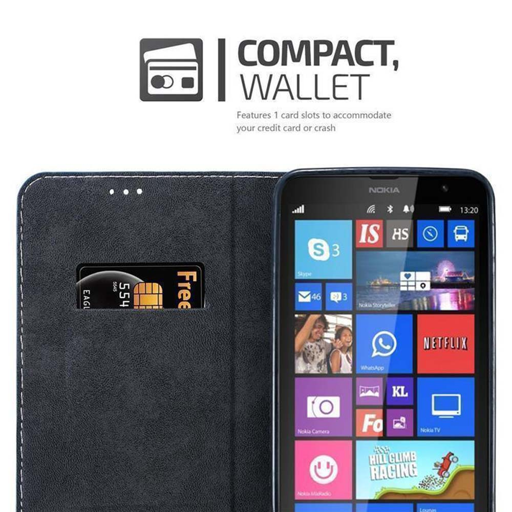 Telefono in custodia a portafoglio nera. Include slot per schede e schermo con icone app.