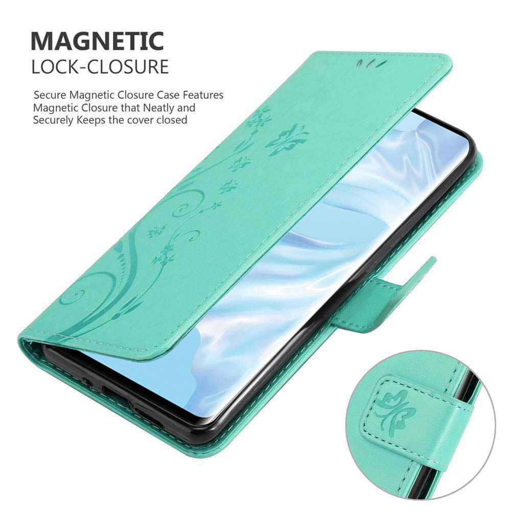 Custodia verde per telefono aperta per mostrare un telefono. La custodia ha un design floreale e chiusura magnetica.