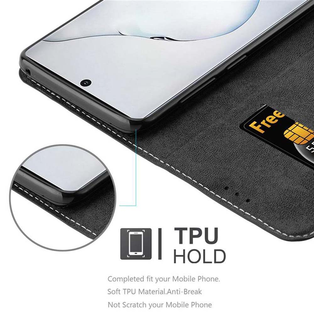 Custodia nera con telefono e carta. Testo: Supporto in TPU.