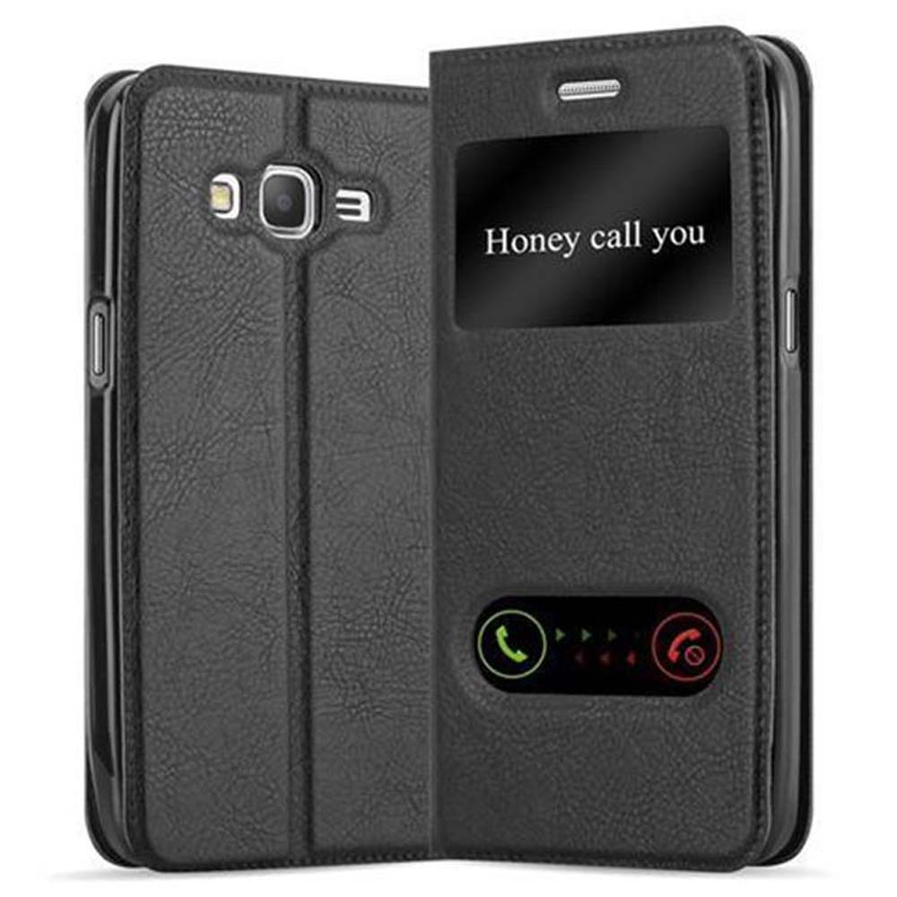 Funda de teléfono negra, abierta y cerrada, con una inscripción en el interior: "Honey call you".