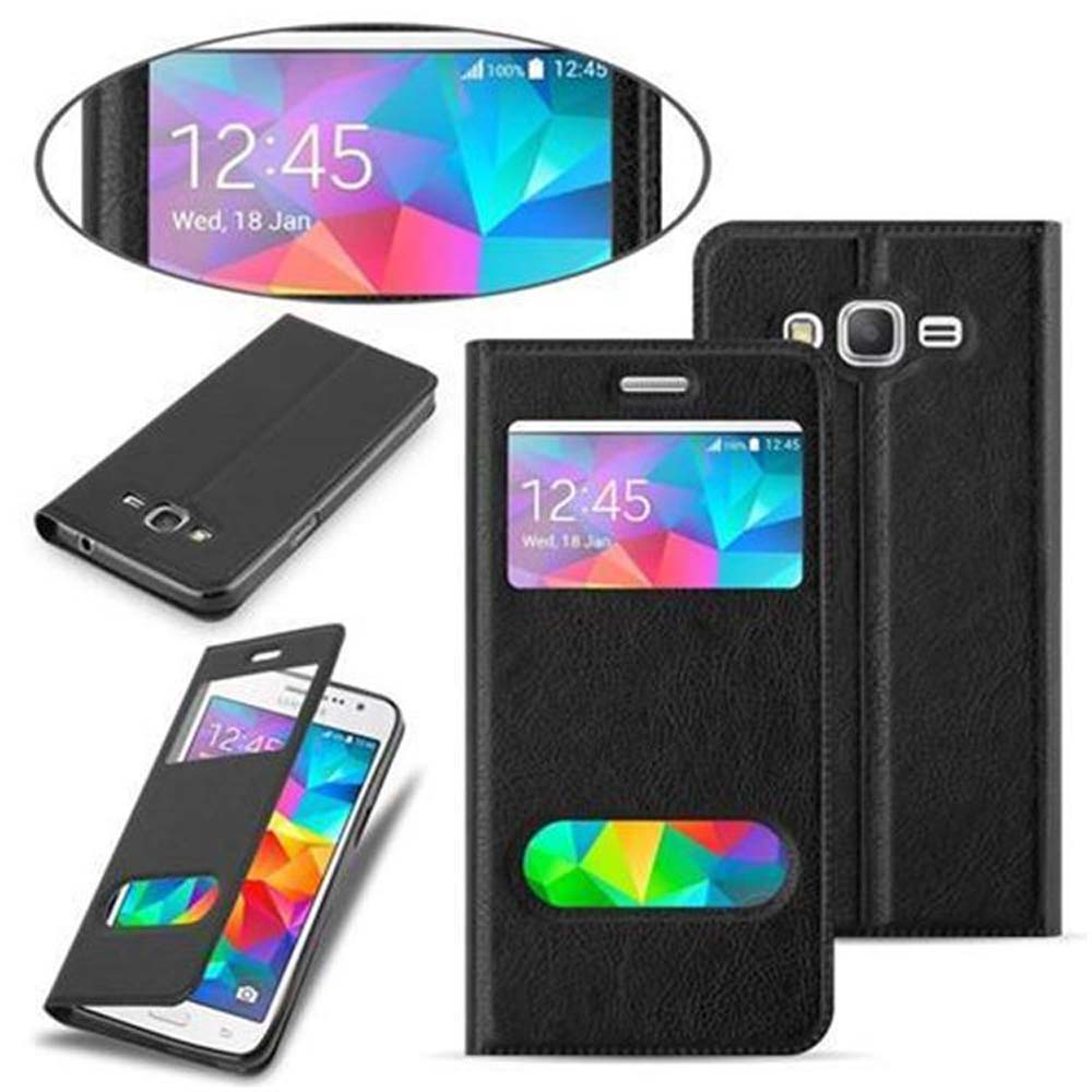 Funda negra con teléfono y pantalla de tiempo. Múltiples vistas de la misma funda y teléfono.