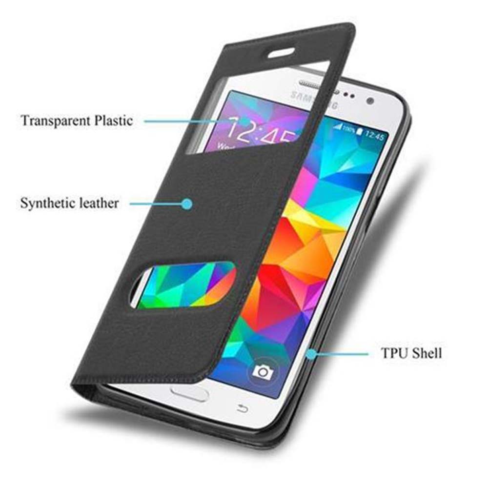 Teléfono en una funda negra. La funda está abierta, mostrando el teléfono. Plástico transparente y cuero sintético.