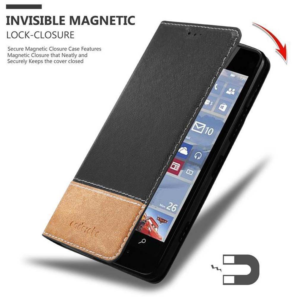 Custodia per telefono nera, con telefono e chiusura magnetica indicata.