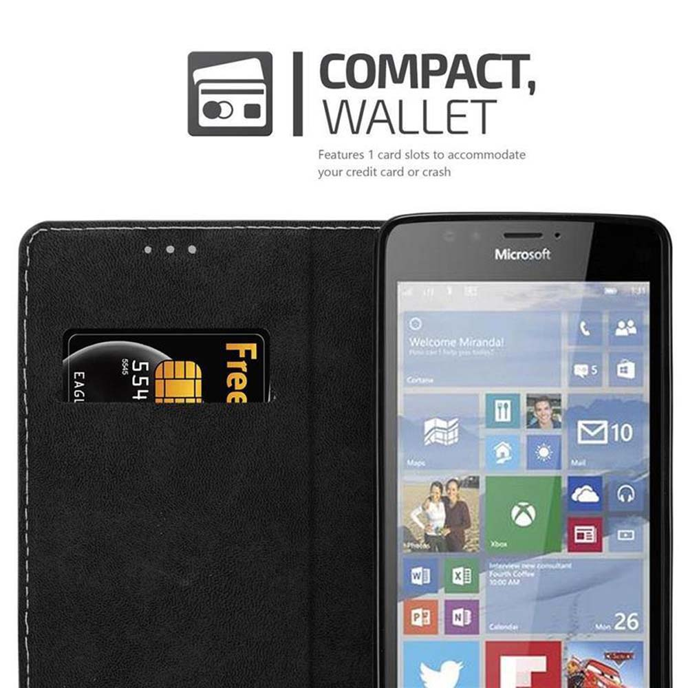 Custodia per telefono a portafoglio nera con slot per schede e telefono che mostra uno schermo. Il testo recita: COMPACT, WALLET.