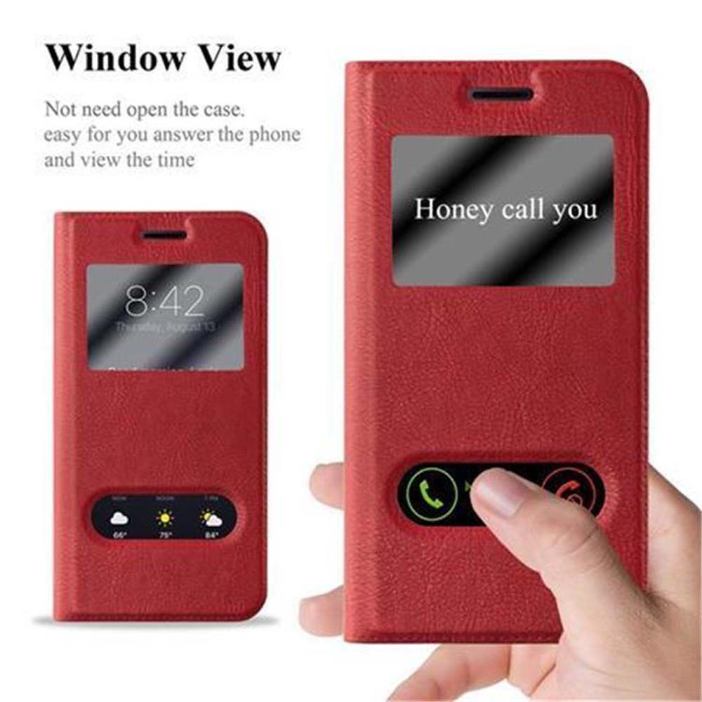 Funda roja para teléfono con vista de ventana. Muestra la hora y una interfaz de llamada.