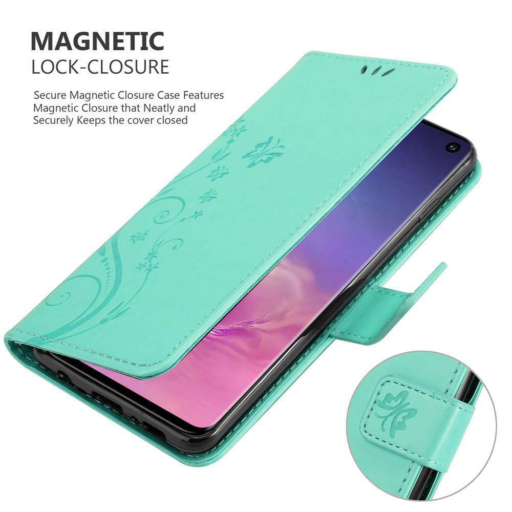 Custodia verde menta con chiusura magnetica, design floreale.