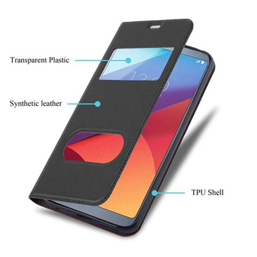 Custodia nera per telefono con finestra trasparente. Telefono all'interno visibile con etichette di testo.