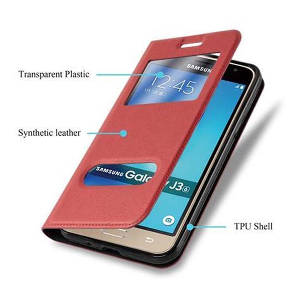 Teléfono en una funda roja. La funda tiene una cubierta transparente. El teléfono está abierto. Es un Samsung Galaxy.