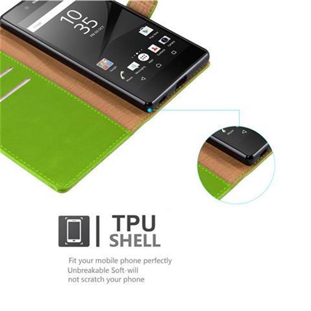 Custodia verde con telefono nero all'interno, diagramma verde e marrone.