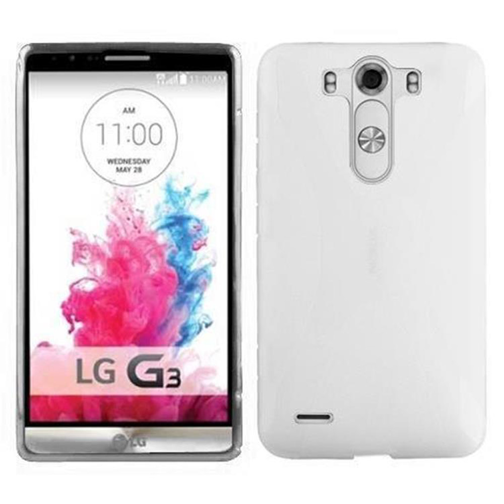 Teléfono blanco con la hora 11:00 en la pantalla. Una funda blanca.