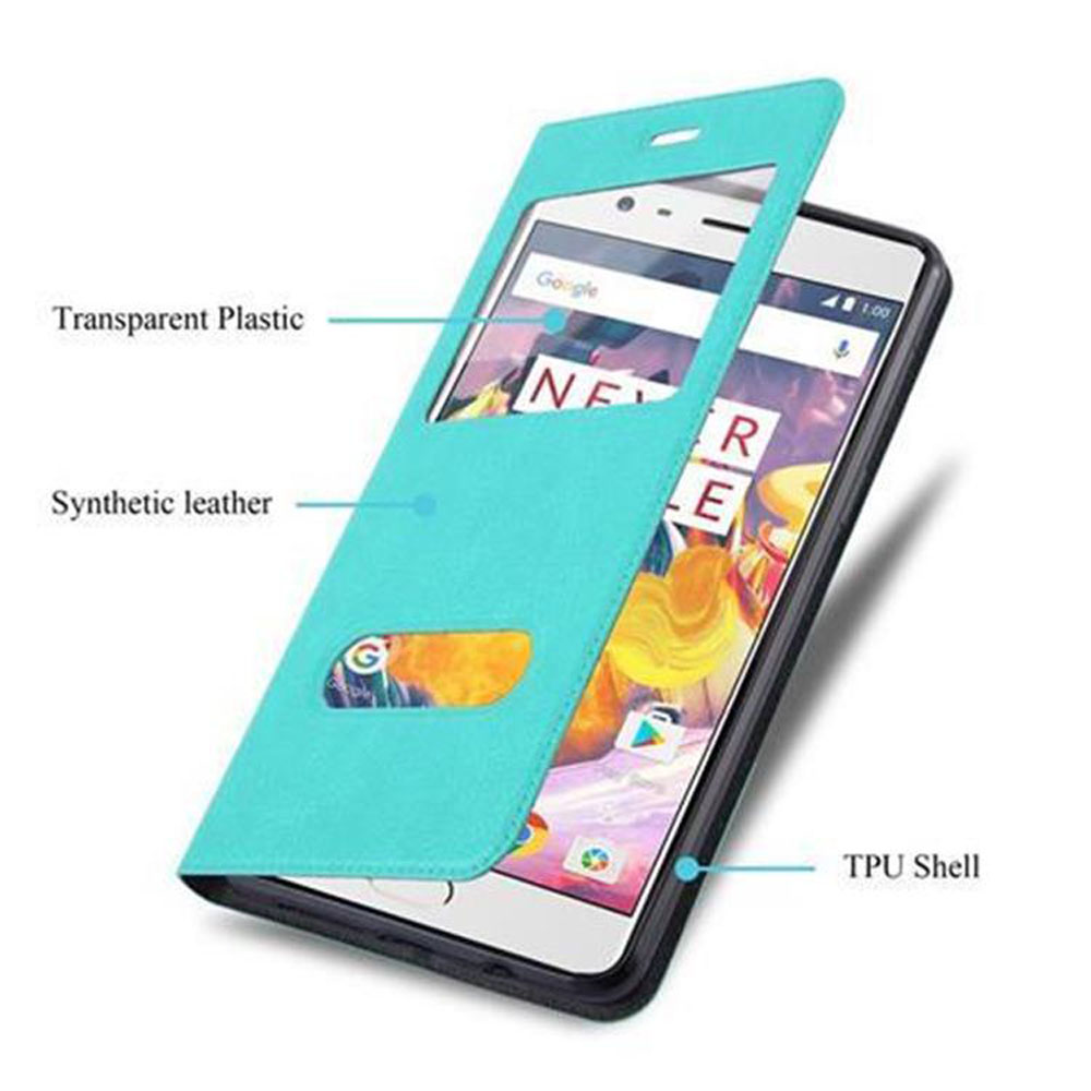 Custodia per telefono con telefono all'interno. La custodia è blu con una finestra trasparente. Il telefono è in bianco e nero.