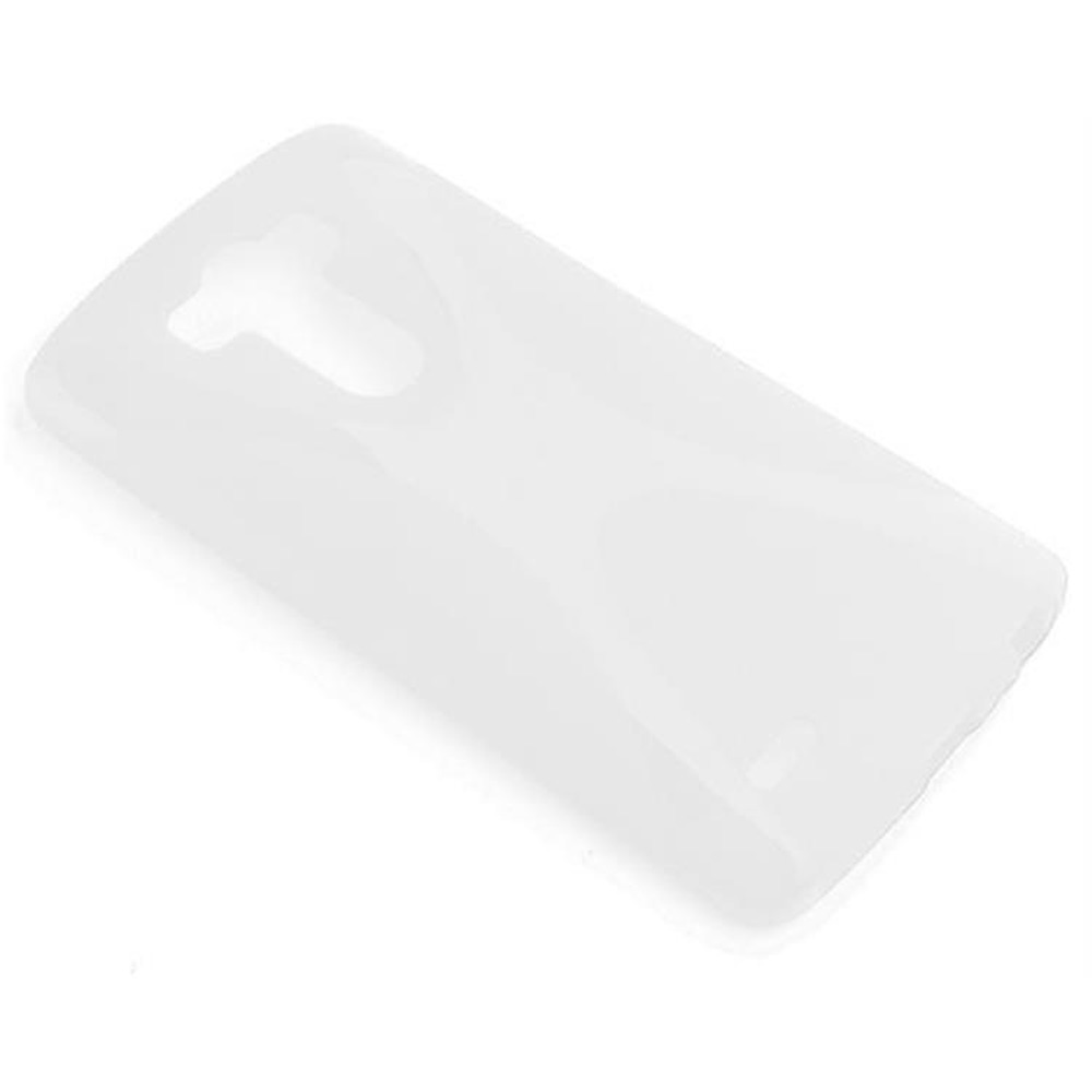 Funda blanca y transparente para teléfono, tendida sobre una superficie blanca. La funda es para un teléfono.