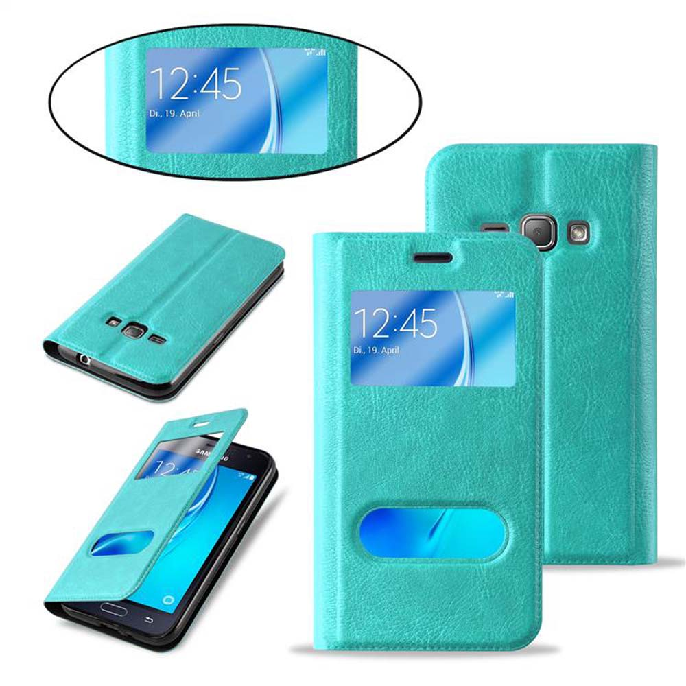 Una funda de teléfono verde azulado con ventana. La funda está abierta, mostrando el teléfono en su interior. Múltiples ángulos muestran diferentes vistas.