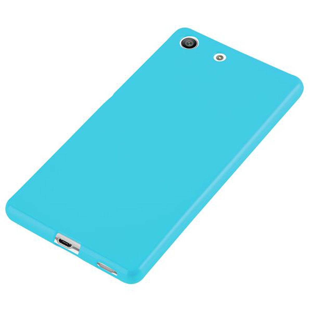 Una custodia blu per telefono. La custodia è mostrata dall'alto. Ci sono ritagli per la fotocamera e la porta.