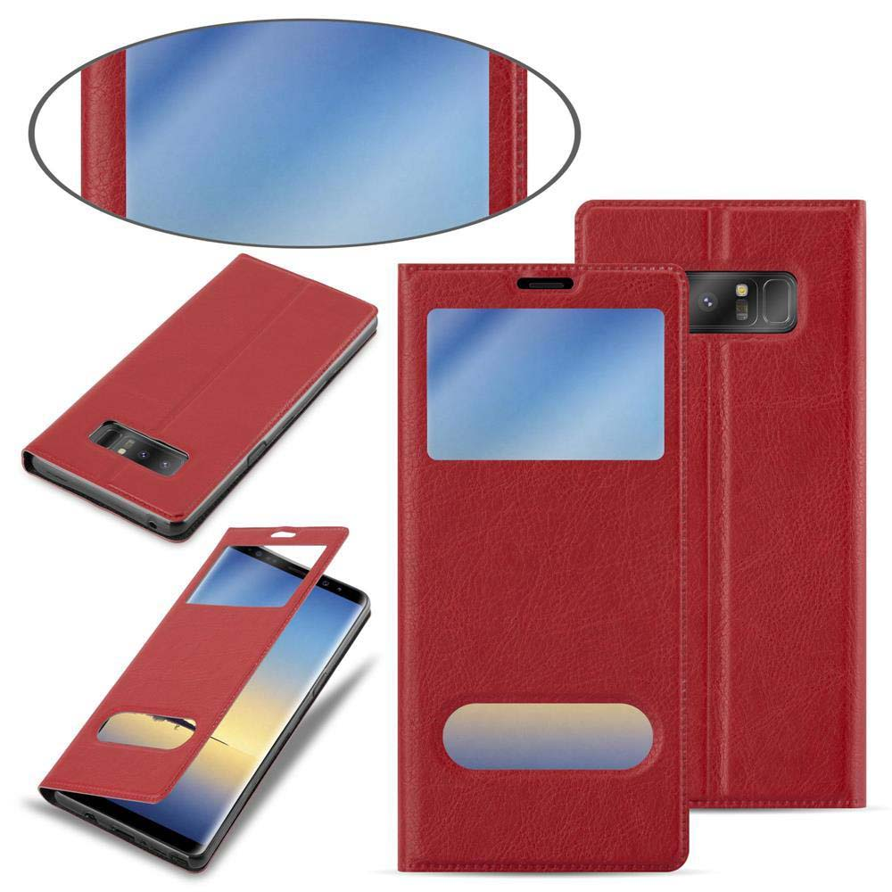Custodia rossa per telefono con telefono all'interno. Vengono mostrate diverse viste della custodia.