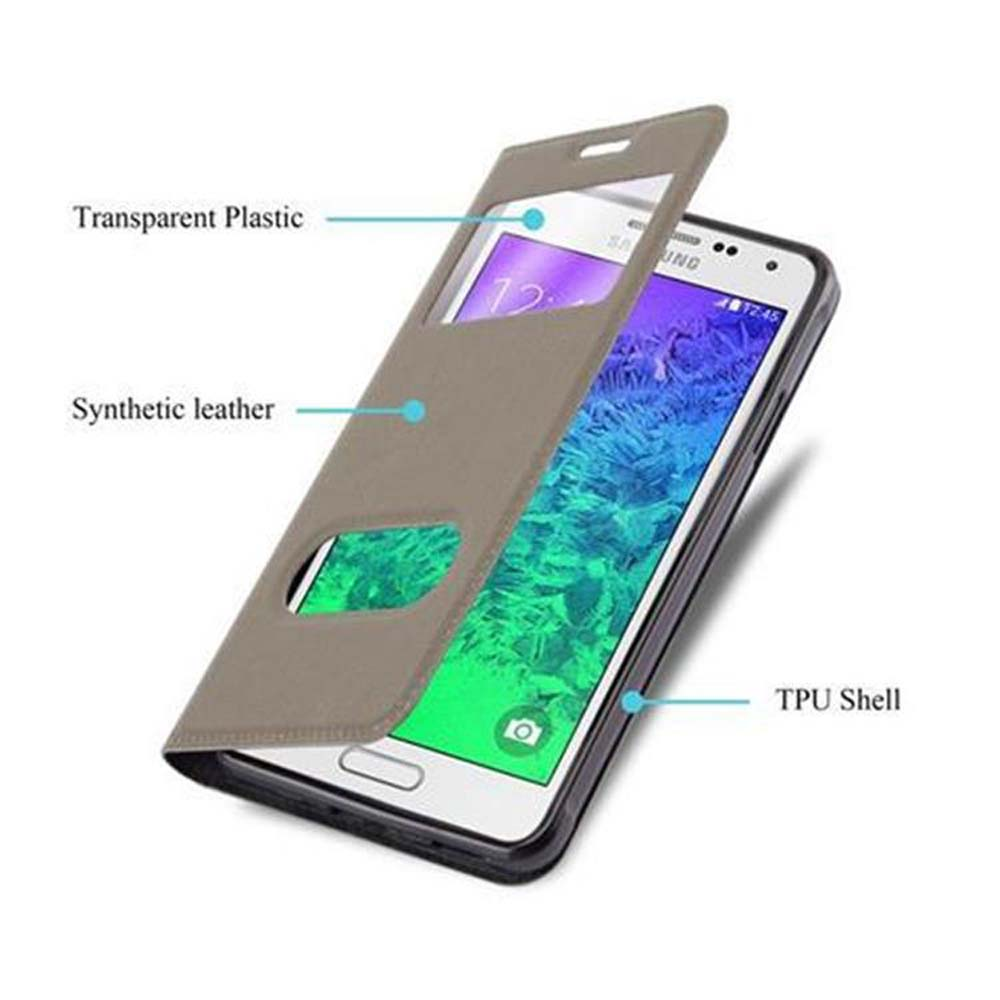 Funda de teléfono abierta. Cubierta de plástico transparente y teléfono. La funda es marrón claro. Textos etiquetan partes.