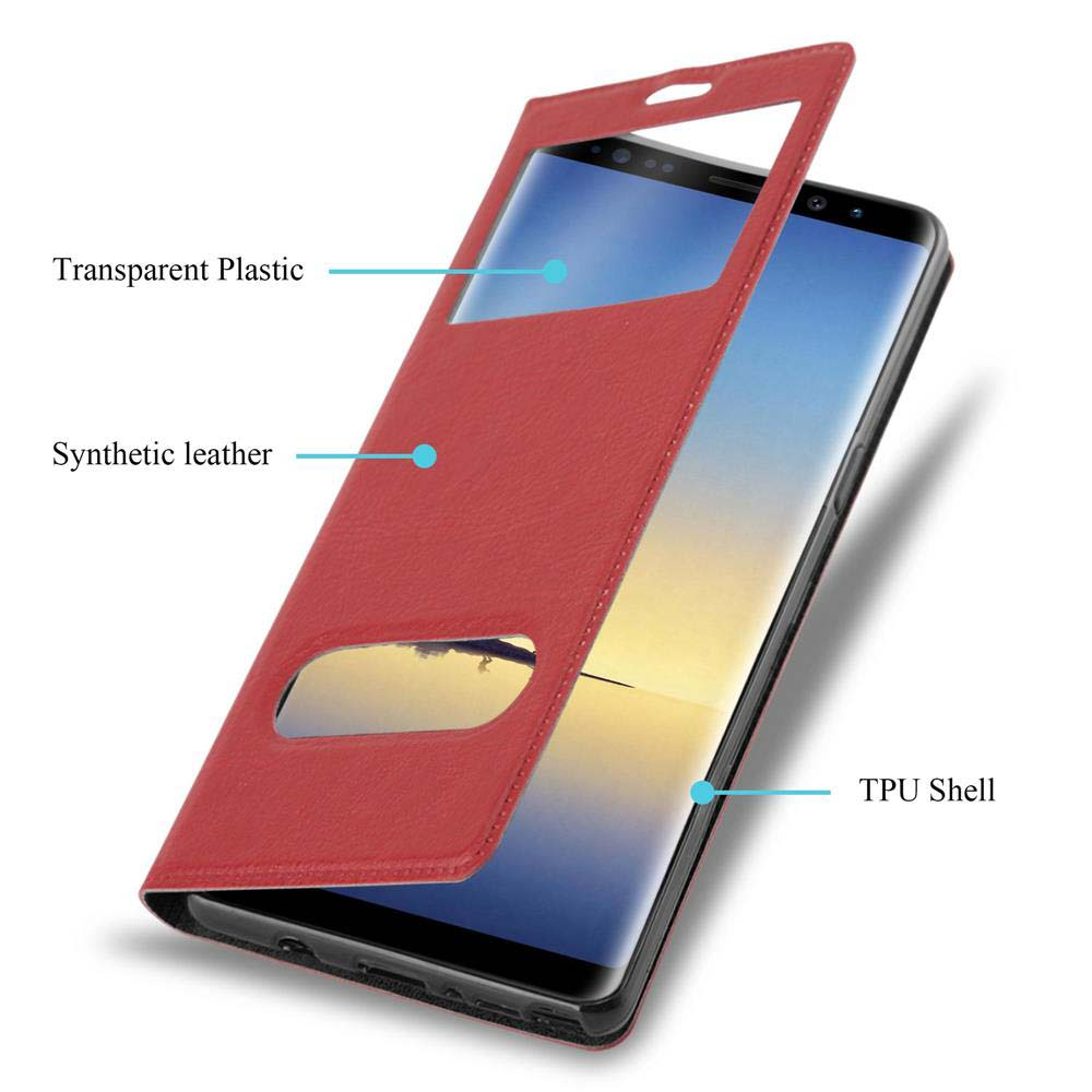 Un telefono con una custodia rossa è mostrato aperto, mostrando pelle sintetica e componenti in plastica trasparente.