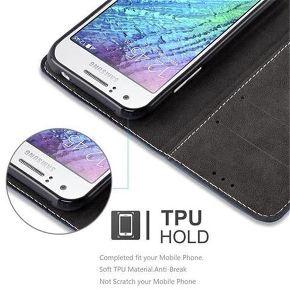 Smartphone in una custodia nera con un primo piano del telefono e una descrizione del supporto in TPU.