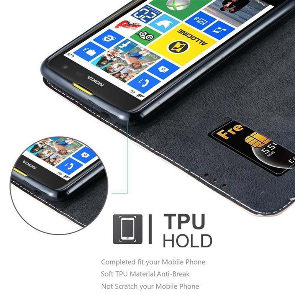 Teléfono Nokia en una funda. Pantalla muestra iconos de aplicaciones. Tarjeta SIM a la derecha.