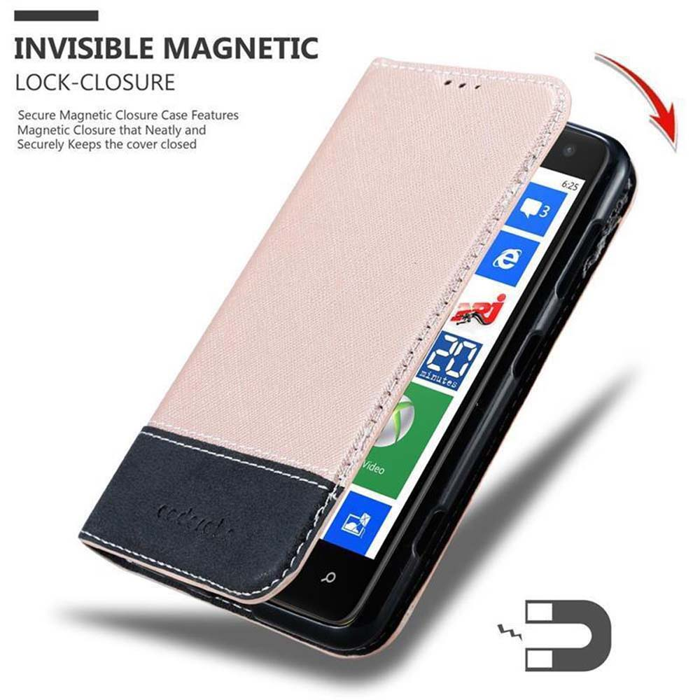 Un teléfono en una funda rosa, mostrando la pantalla. La funda está abierta y tiene un cierre magnético, como se muestra con un símbolo.