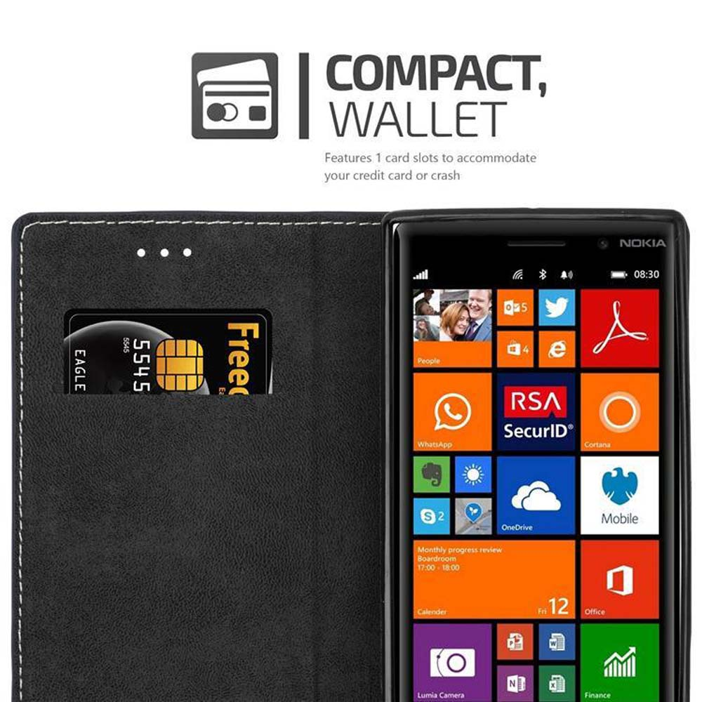 Un telefono nero con una carta, in una custodia a portafoglio. Lo schermo del telefono mostra un logo Nokia e molte icone di app.