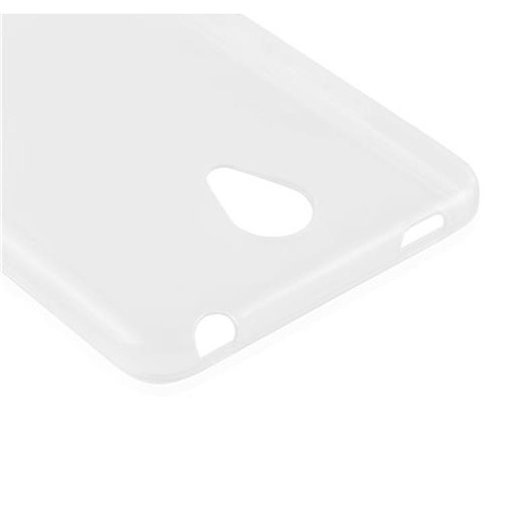 Weiße Handyhülle mit Aussparungen für Telefonfunktionen. Weißer Hintergrund.
