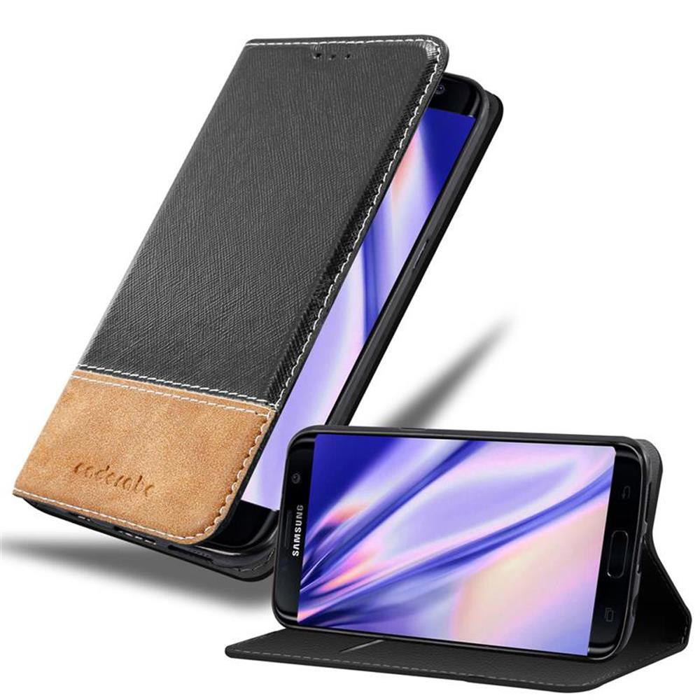 Funda de teléfono negra y marrón con teléfono dentro. Funda abierta y cerrada.