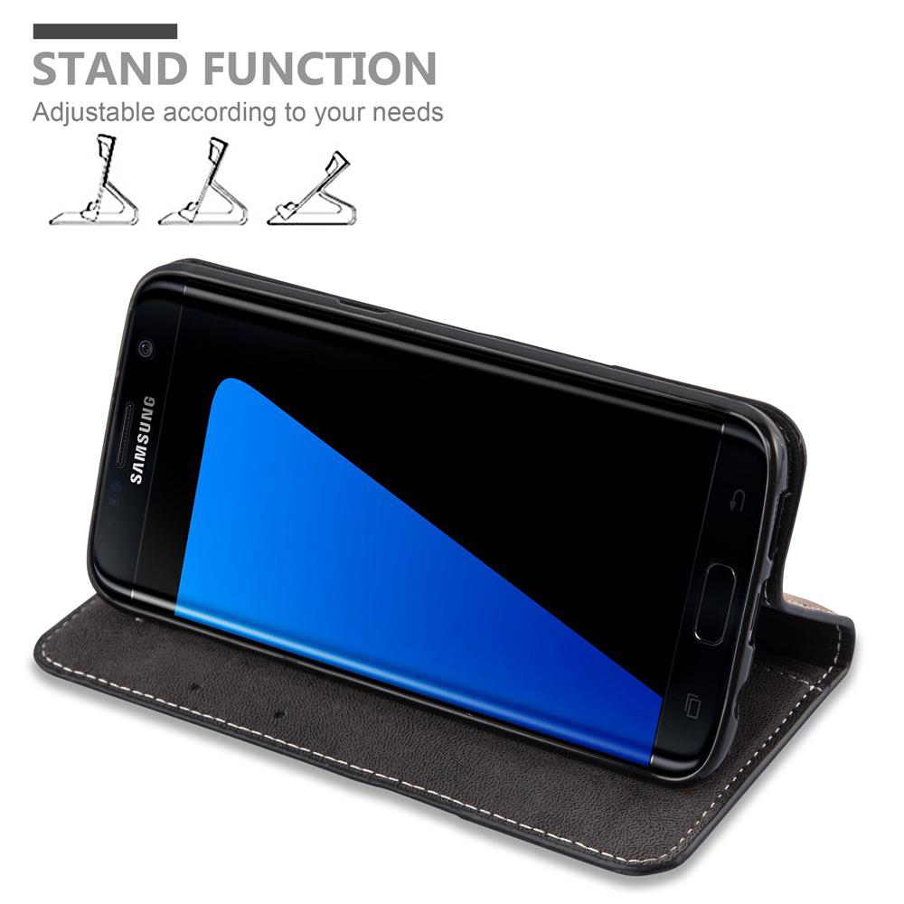 Teléfono negro con función de soporte en una funda.