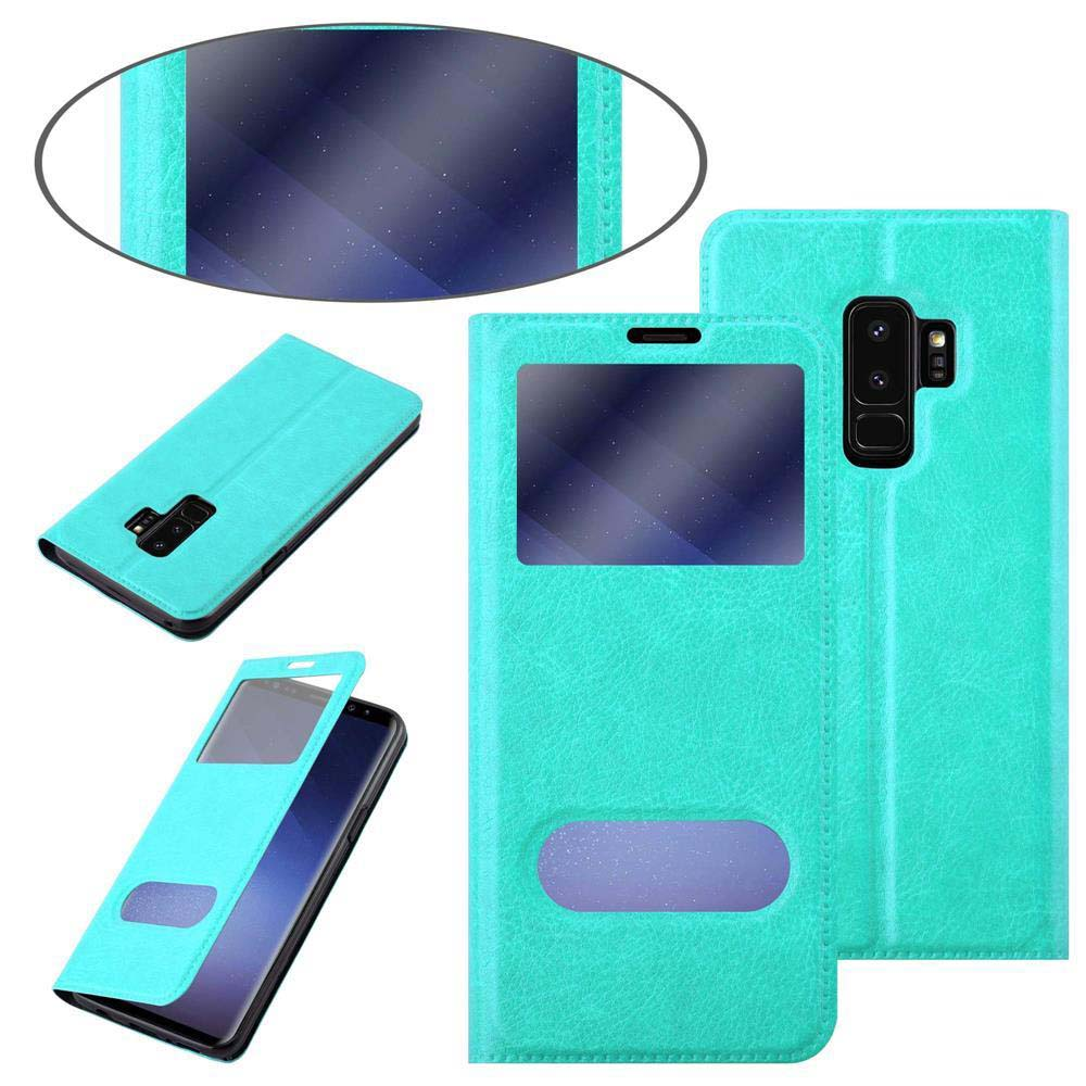 Una custodia per smartphone in verde acqua, con una finestra trasparente, e il telefono è all'interno. Vengono mostrate diverse angolazioni.