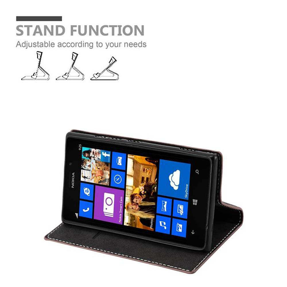 Telefono Nokia in custodia nera, schermo con icone app. Testo e immagini della funzione stand in alto.