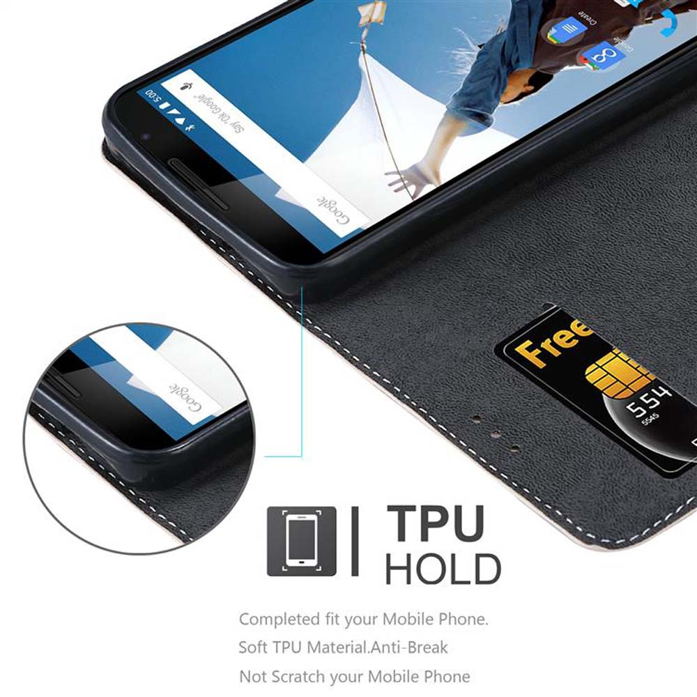 Funda negra para teléfono con teléfono, mostrando pantalla Google, y tarjeta SIM gratis.