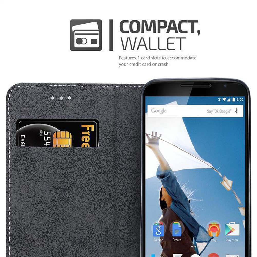 Funda negra para teléfono con ranuras para tarjetas y un teléfono dentro. Texto: Compacto, Cartera. 1 ranura.
