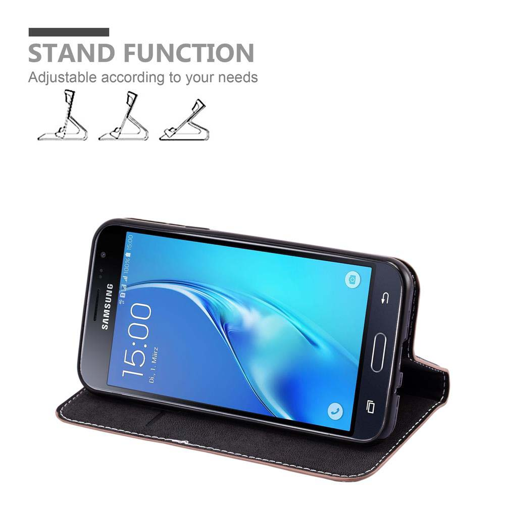 Telefono nero in una custodia, aperto per visualizzare lo schermo. Icone e testo della funzione stand sullo sfondo.