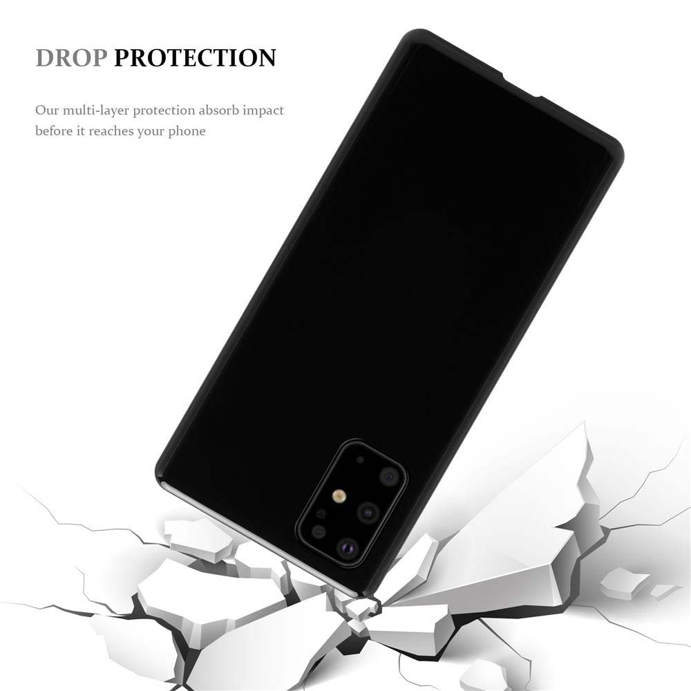 Schwarze Handyhülle. Die Handyhülle liegt auf einer weißen Oberfläche mit Rissen. Text lautet 'Drop Protection'.