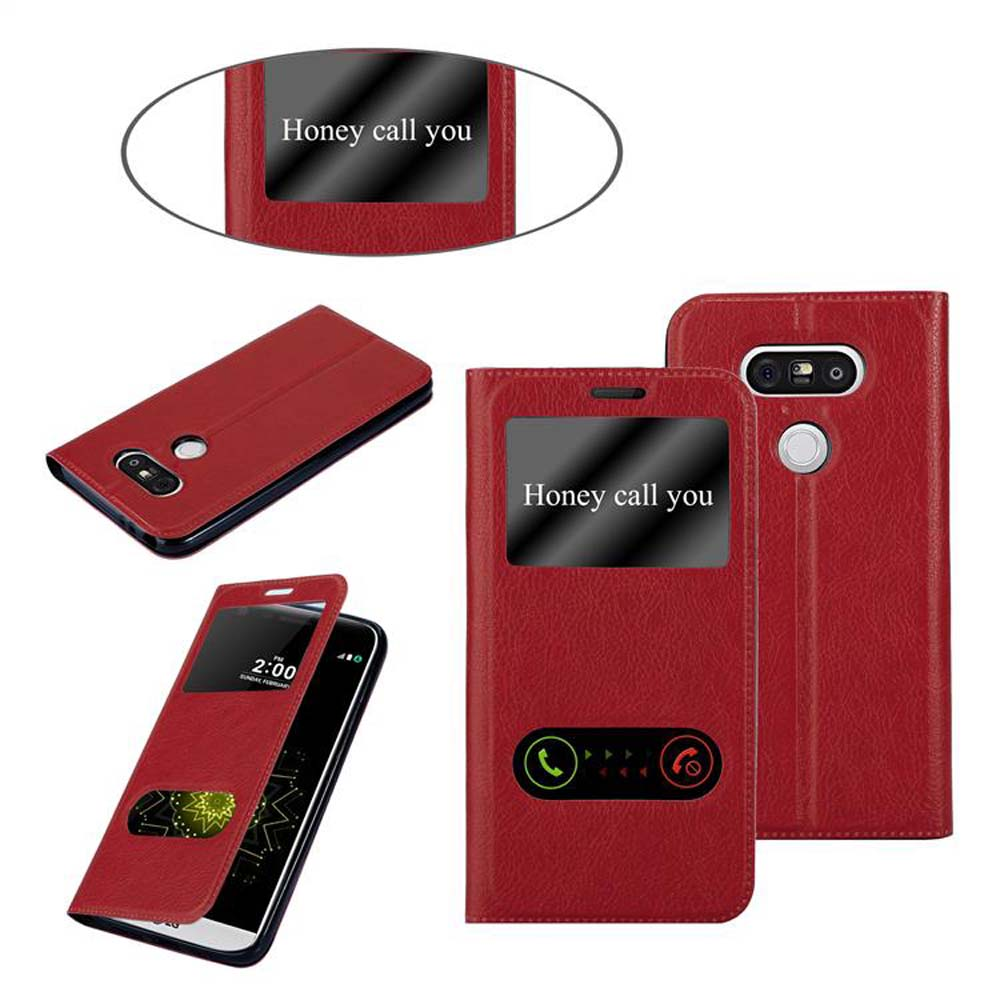 Custodia per telefono rossa con apertura, che mostra un telefono con un messaggio.